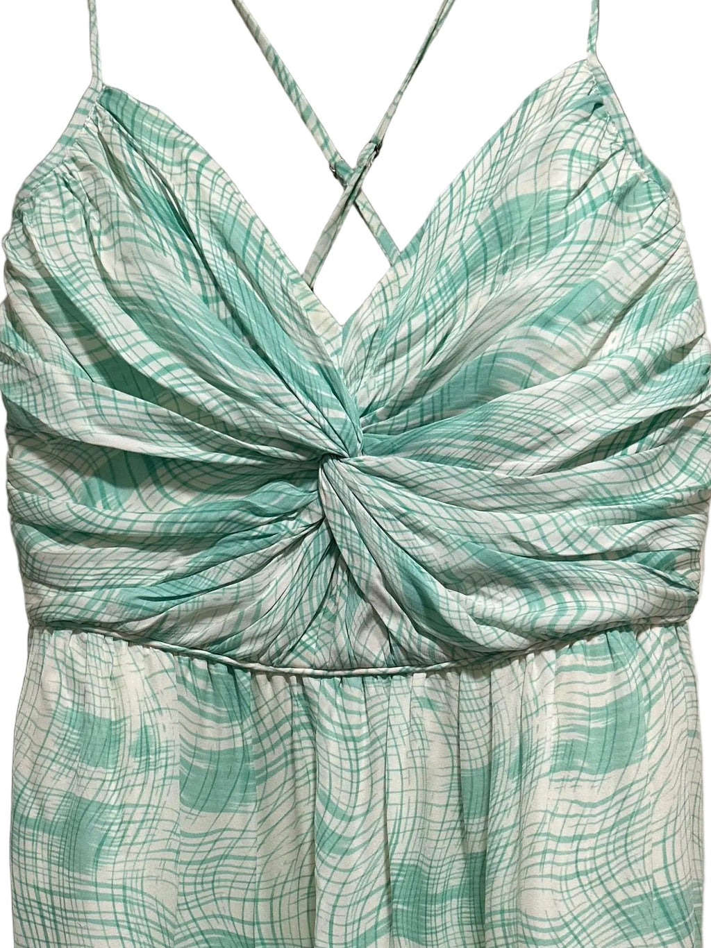 Shoshanna Ruched Twist Front Cocktail Dress Mint Green Abstract Print | Size 8 | Excellent Pre-Owned