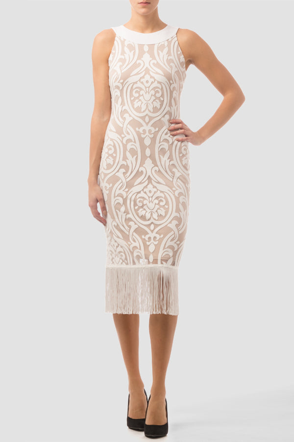 Joseph Ribkoff White Baroque Lace Fringe Midi Dress | Size 16 | NWT