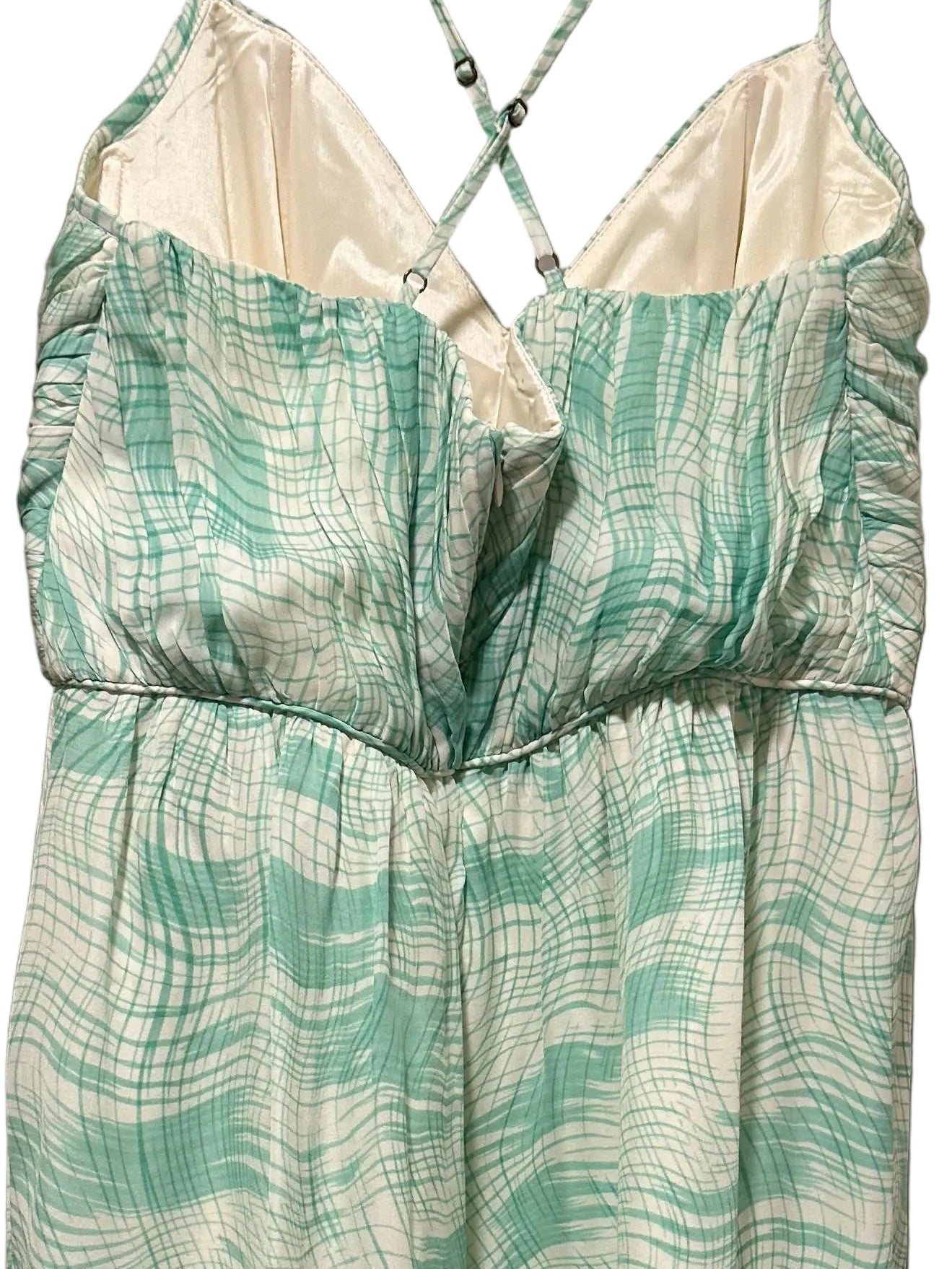 Shoshanna Ruched Twist Front Cocktail Dress Mint Green Abstract Print | Size 8 | Excellent Pre-Owned
