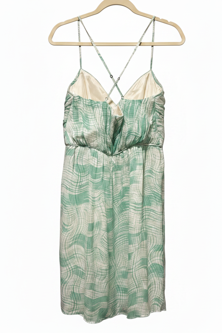 Shoshanna Ruched Twist Front Cocktail Dress Mint Green Abstract Print | Size 8 | Excellent Pre-Owned