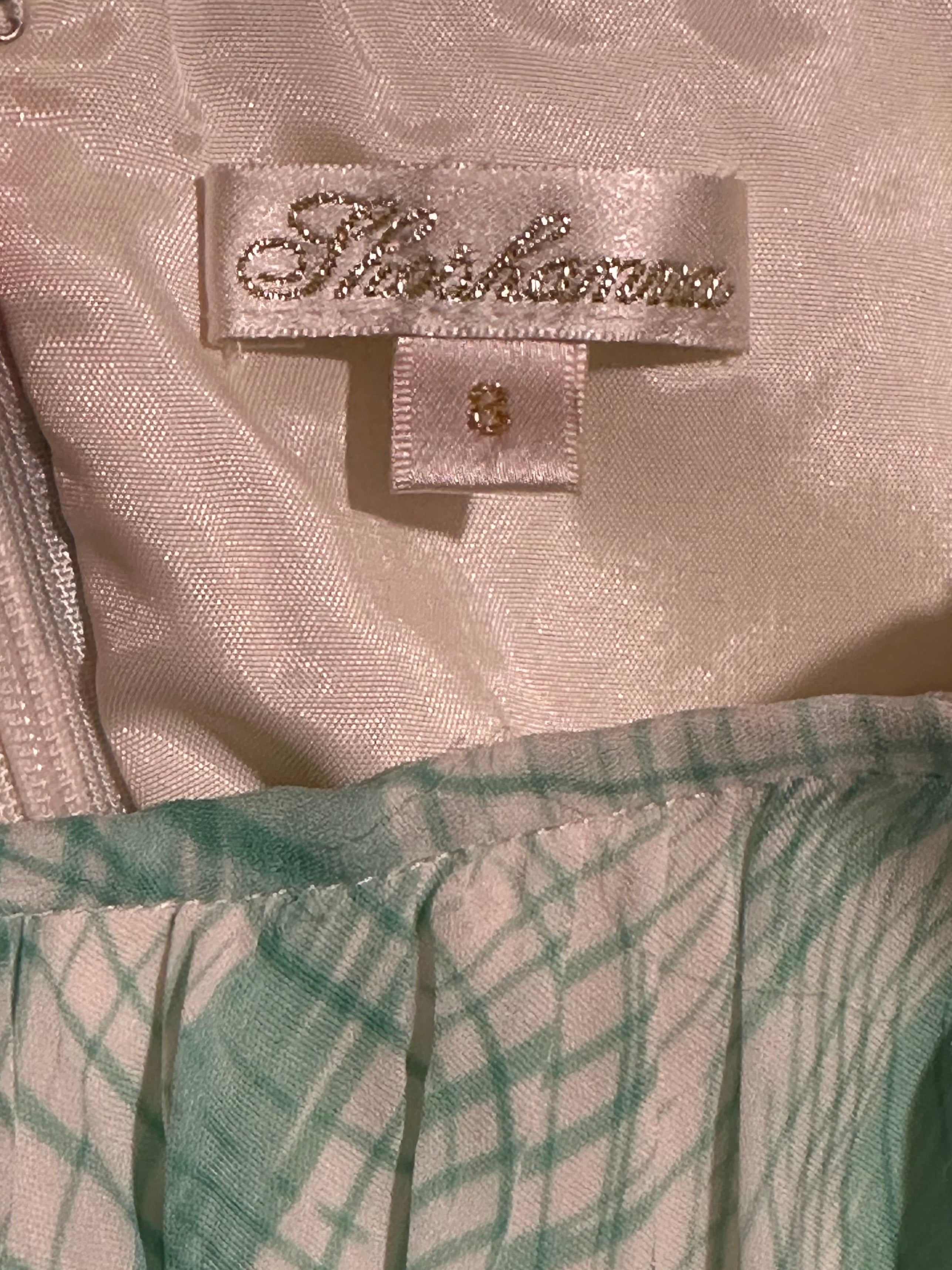 Shoshanna Ruched Twist Front Cocktail Dress Mint Green Abstract Print | Size 8 | Excellent Pre-Owned