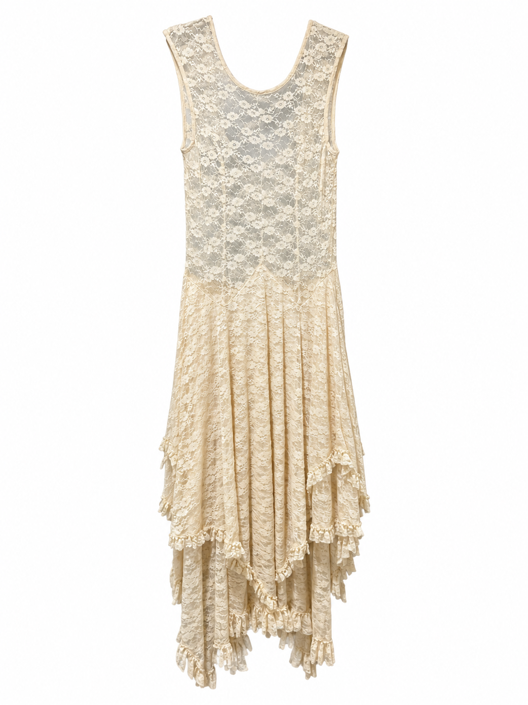 Intimately Free People Cream Lace Midi Dress | Tiered Handkerchief Hem | Size M | Excellent Pre-Owned