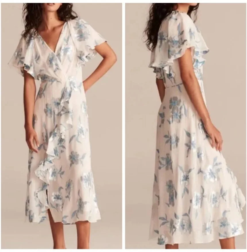Rebecca Taylor Snow Blue Metallic Floral Ruffle Midi Dress | Size 4 | NWT