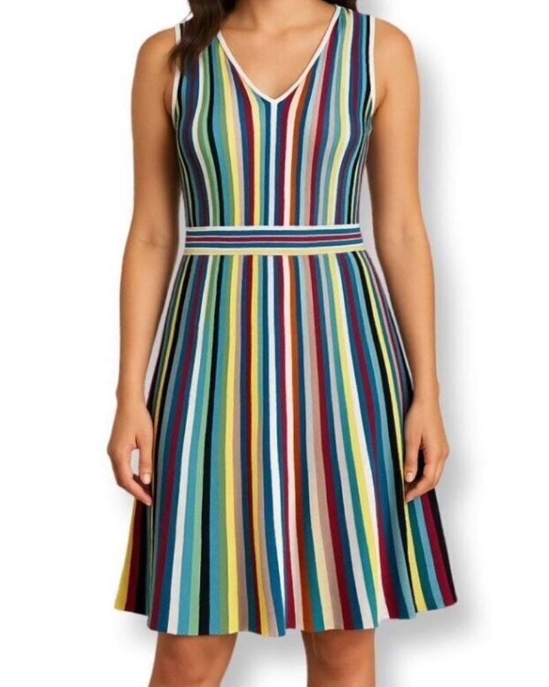 Etcetera Carolina Multicolor Stripe Knit Fit & Flare Dress | Size M | NWT