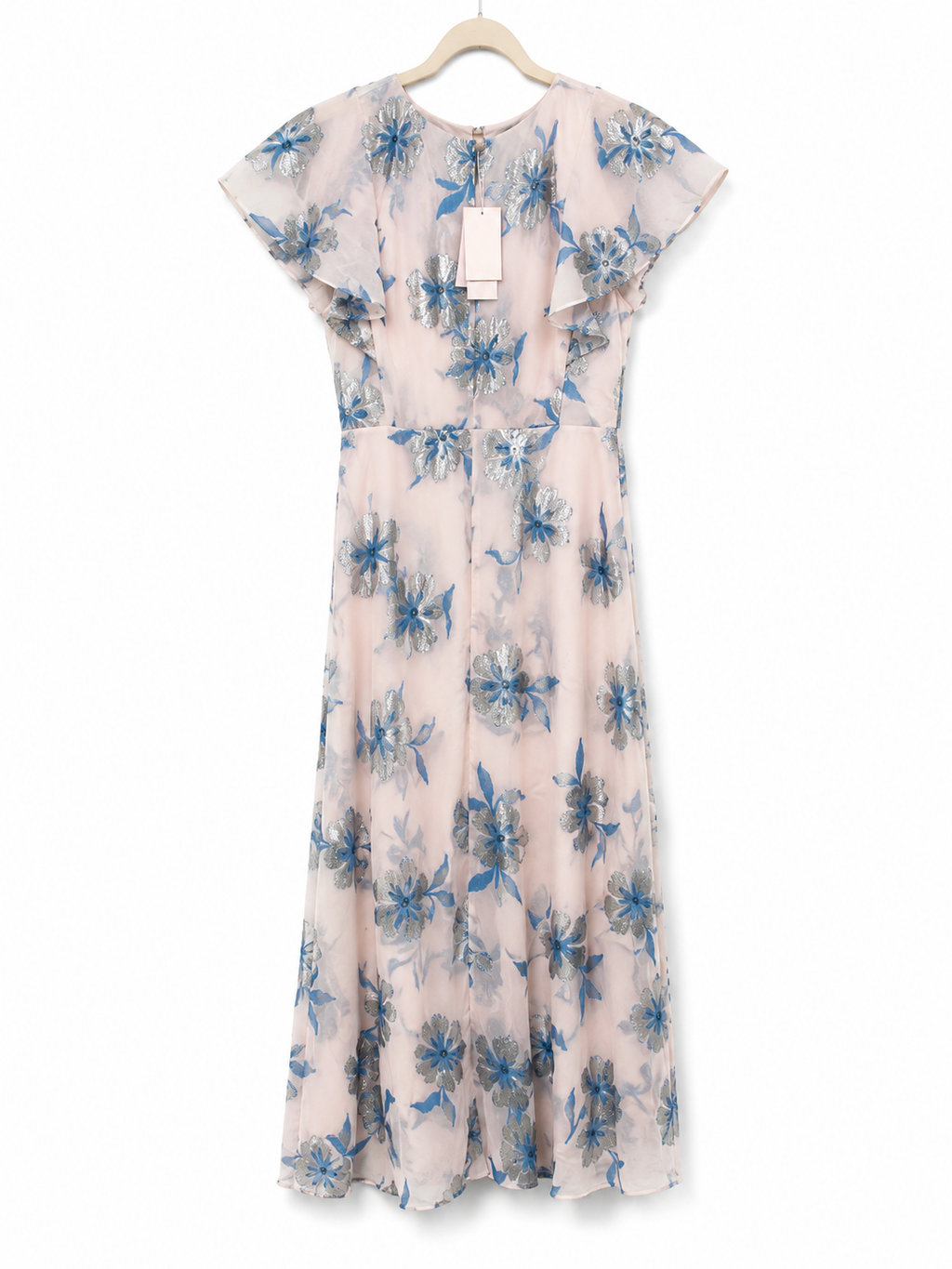 Rebecca Taylor Snow Blue Metallic Floral Ruffle Midi Dress | Size 4 | NWT