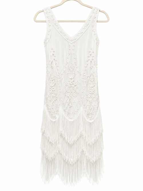 Babeyond White Embroidered Fringe Dress | Art Deco Flapper Dress | Size S | Excellent Pre-Owned