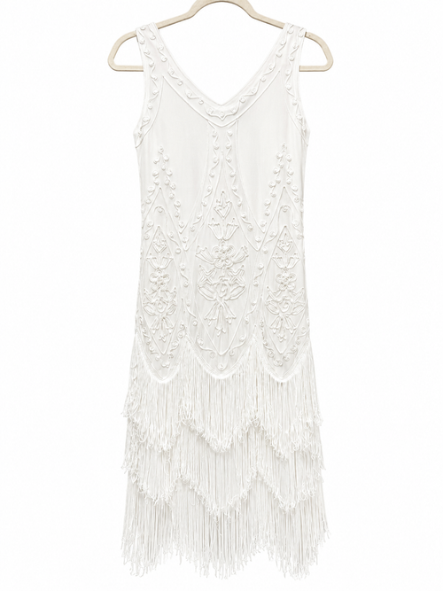 Babeyond White Embroidered Fringe Dress | Art Deco Flapper Dress | Size S | Excellent Pre-Owned