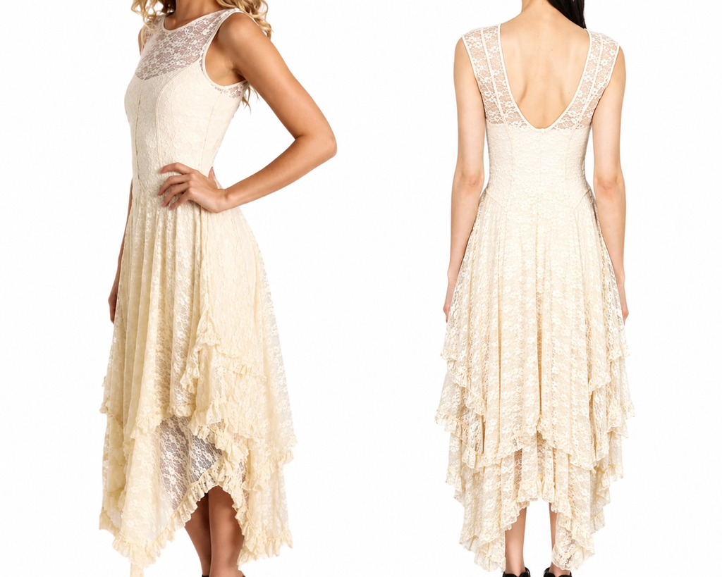 Intimately Free People Cream Lace Midi Dress | Tiered Handkerchief Hem | Size M | Excellent Pre-Owned