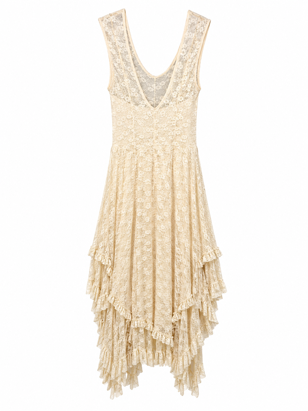 Intimately Free People Cream Lace Midi Dress | Tiered Handkerchief Hem | Size M | Excellent Pre-Owned