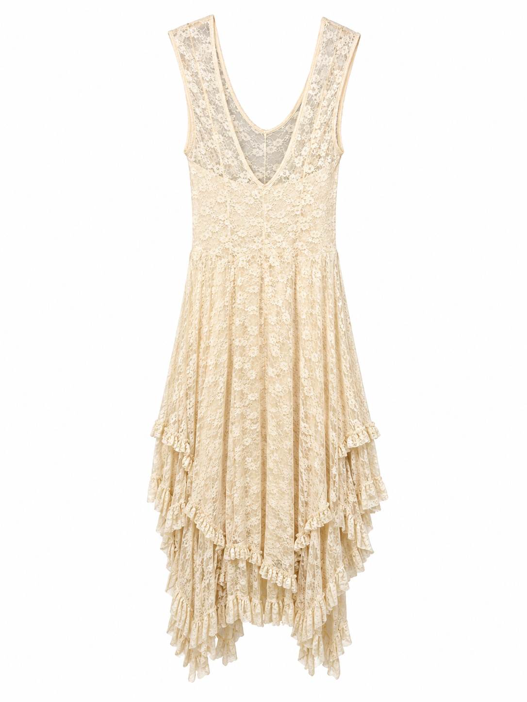 Intimately Free People Cream Lace Midi Dress | Tiered Handkerchief Hem | Size M | Excellent Pre-Owned